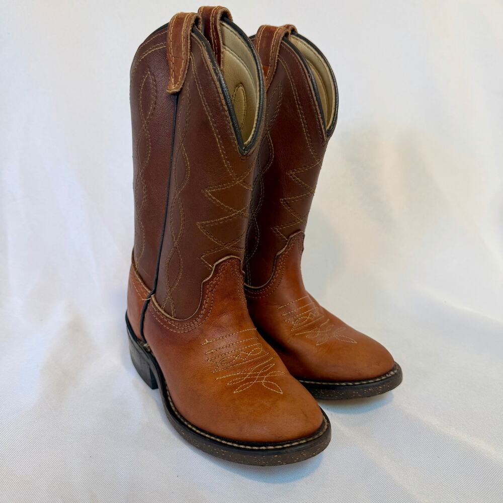 Vintage Acme Youth Kids Two-Tone Brown Leather Western Cowboy Boots Size 9 D